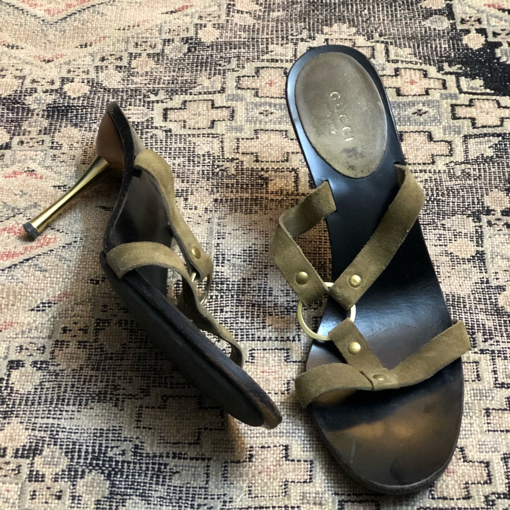Gucci olive green suede slides with gold accents